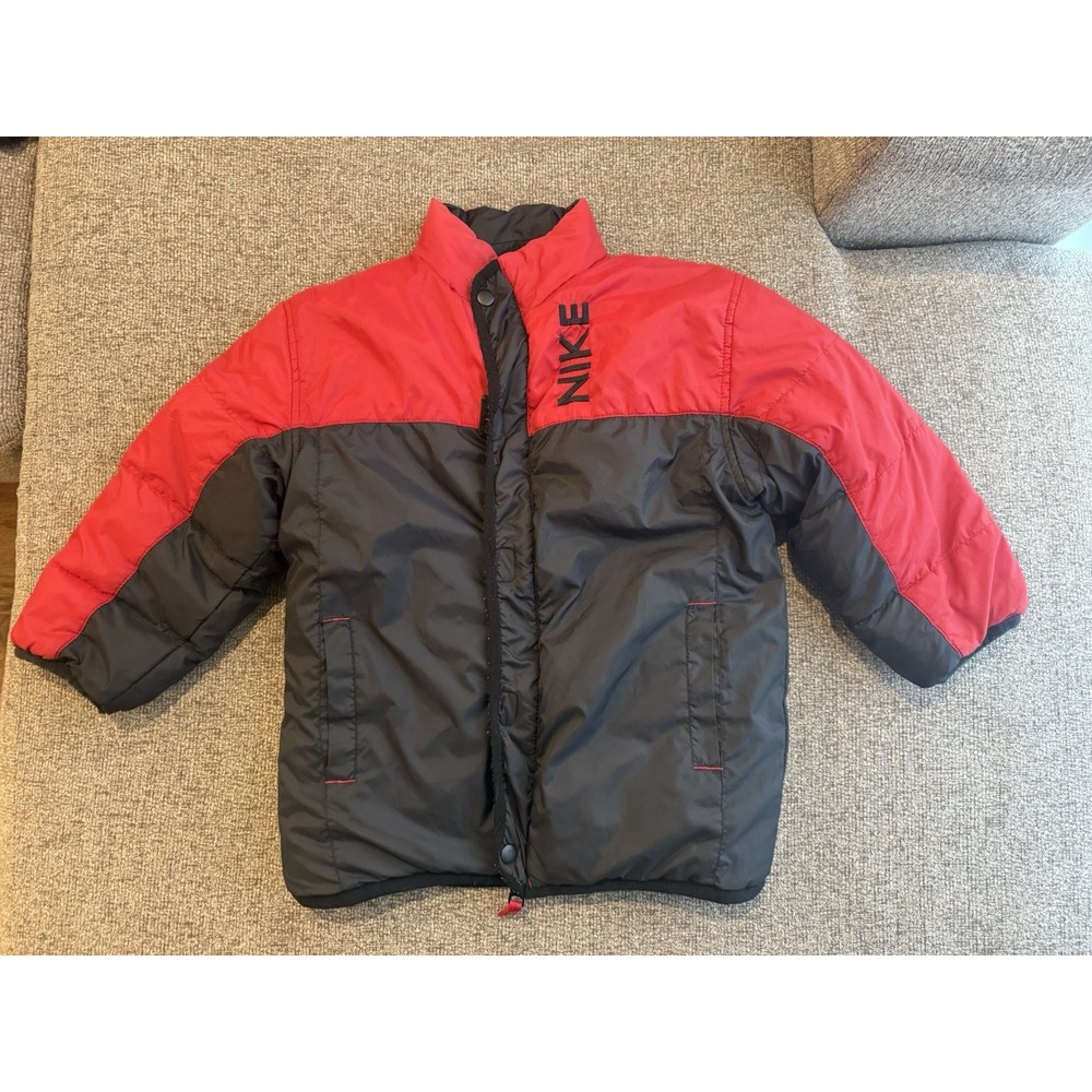Nike Goose Down Filled Reversible Parka Coat Childs Youth 6 Red Gray Swoosh